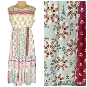 Purpose Passion Patchwork Smocked Midi Dress Size L Cottage Prairie Boho Summer